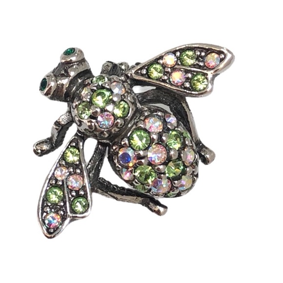 JOAN RIVERS CLEAR AURORA BOREALIS & GREEN CRYSTALS SILVER TONE BUMBLEBEE BROOCH - Picture 9 of 16
